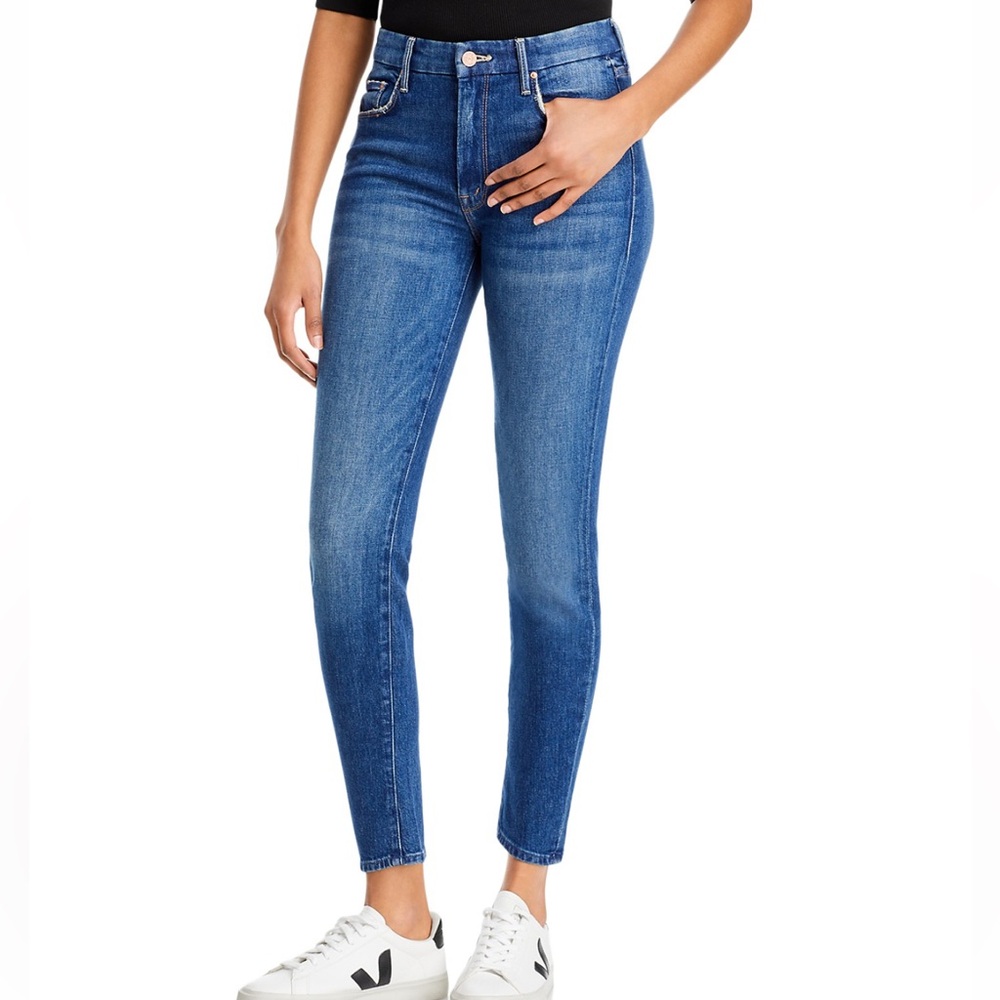 MOTHER Denim Womens High Waisted Skinny Jeans Blue Wash‎ Distressed Details